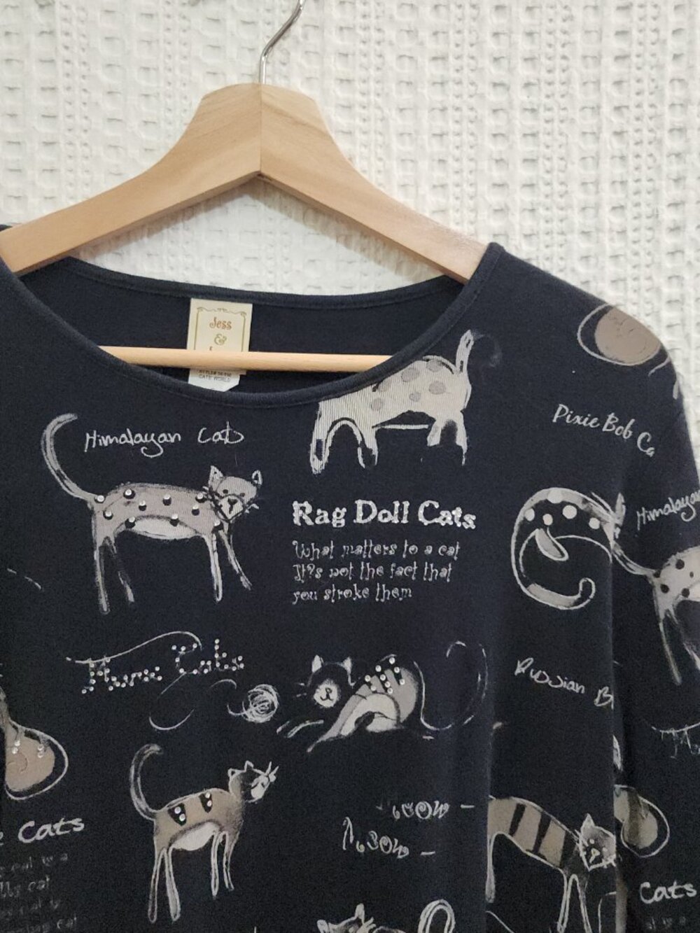 Vintage Jess & Jane Cat Print Top USA Small Black Artsy Graphic Tee - Picture 5 of 12